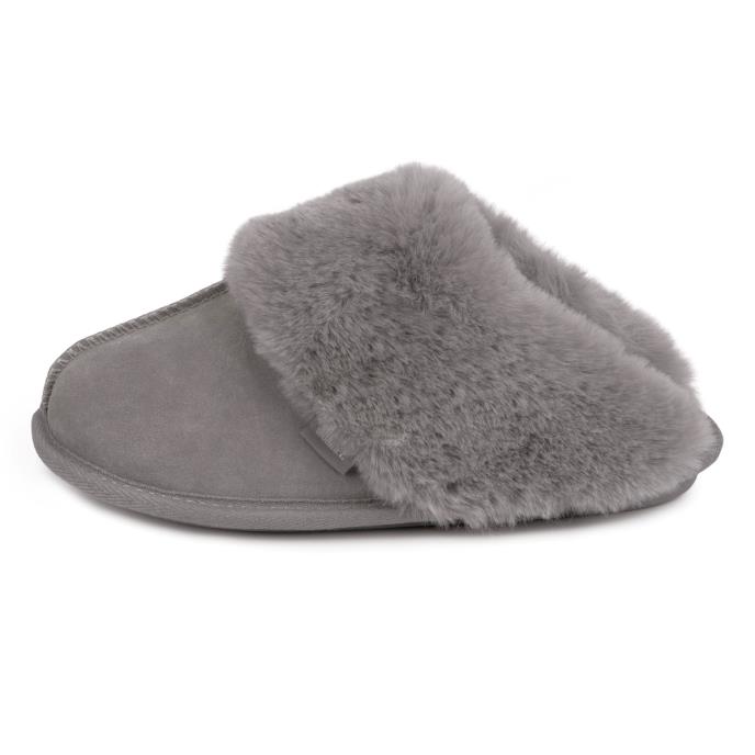 Isotoner® Ladies Real Suede Mule with Fur Cuff Grey Extra Image 3